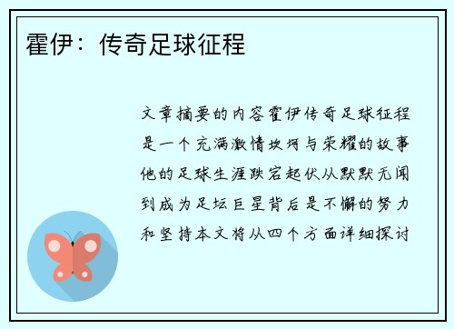 霍伊：传奇足球征程