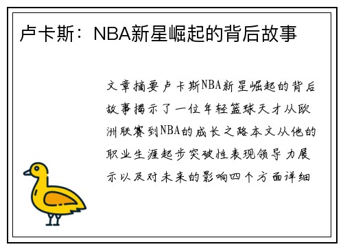 卢卡斯：NBA新星崛起的背后故事